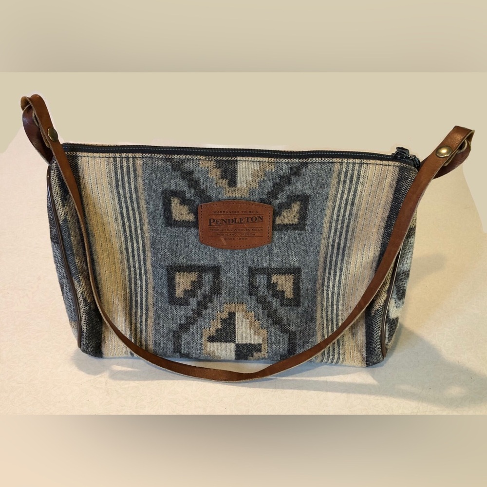 Pendleton Southwestern Blue and Cream Wool Shoulder Bag with Leather Strap